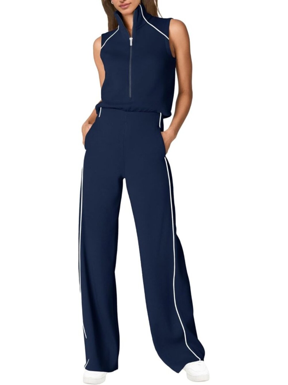 Chic Summer Jumpsuit for Women | Sleeveless Mock Neck, Wide Leg, Pockets